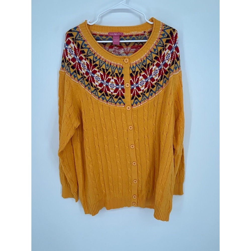 Woman Within 1X Yellow Fair Isle Cardigan Cable Knit Boho Lodgecore Cozy Grandma
